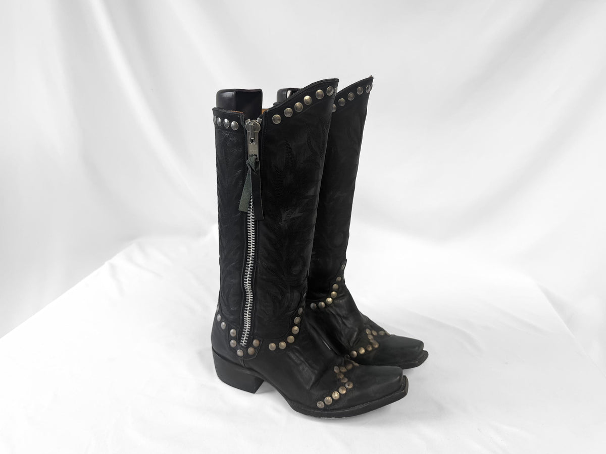 Vintage Style Old Gringo "Rockrazz" Black Studded Leather Knee High Cowboy Western Boots, Women's Sz. 6.5B