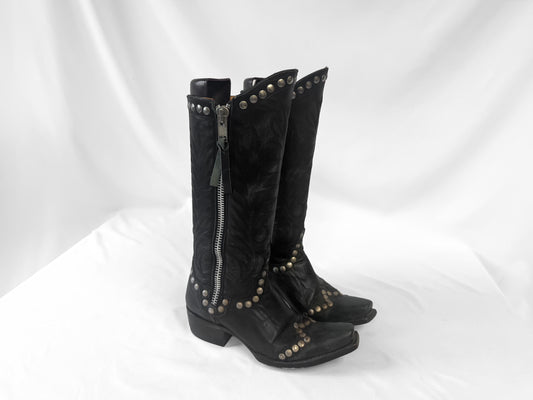 Vintage Style Old Gringo "Rockrazz" Black Studded Leather Knee High Cowboy Western Boots, Women's Sz. 6.5B