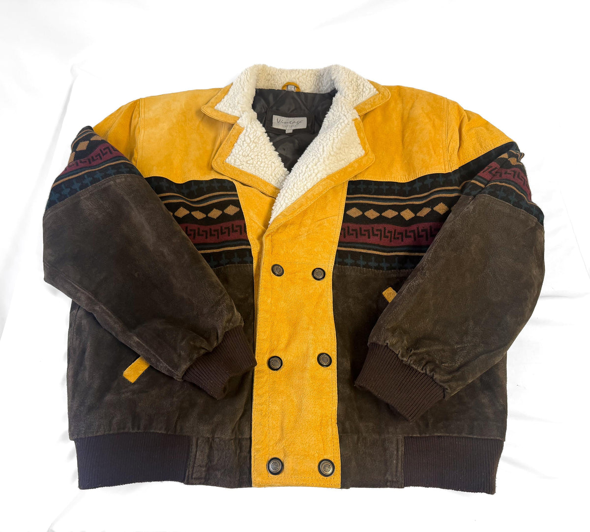 Vintage Leather Brown Suede Leather Faux Sherpa Aztec Pattern Western Unisex Bomber Jacket, Men's Sz. XL