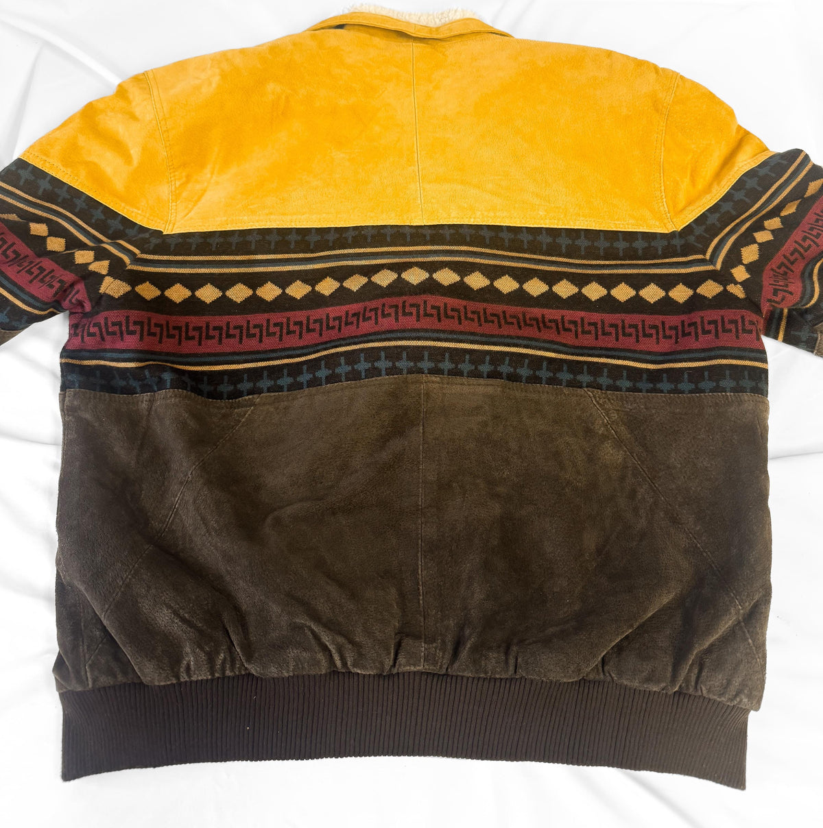 Vintage Leather Brown Suede Leather Faux Sherpa Aztec Pattern Western Unisex Bomber Jacket, Men's Sz. XL