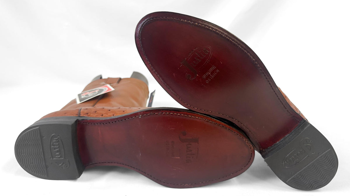 Deadstock Vintage Justin Smooth Ostrich Roper Brown Leather Western Cowboy Boots, Men's Sz. 10D