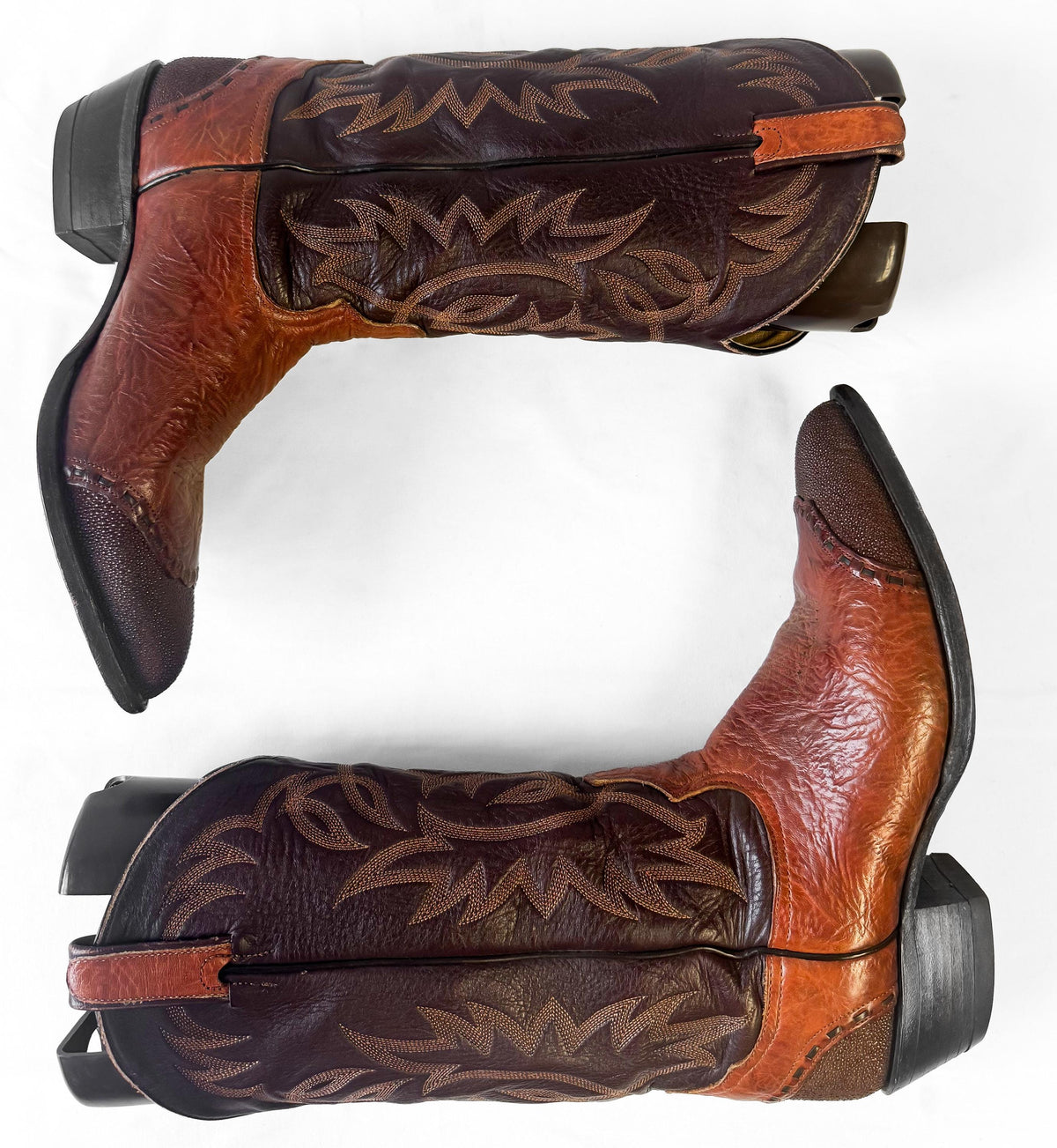 Vintage Tony Lama Two Tone Brown Lizard Wingtip Whipstitch Leather Western Cowboy Boots, Men's Sz. 9.5D, Style 6870