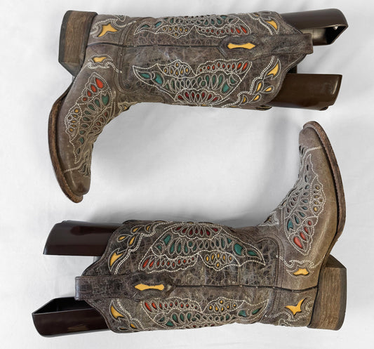 Vintage Style Corral Taupe Butterfly Inlay Leather Western Cowboy Boots, Women's Sz. 6M