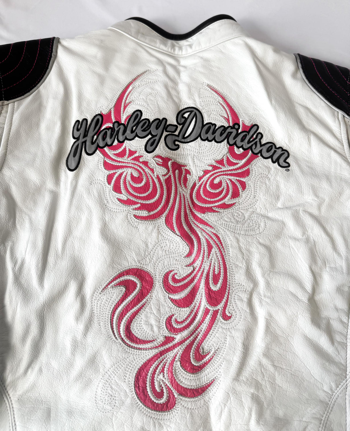 Y2K Harley Davidson "Spirited Eagle" Off-White Pink Phoenix Leather Jacket, Women's Sz. XXL