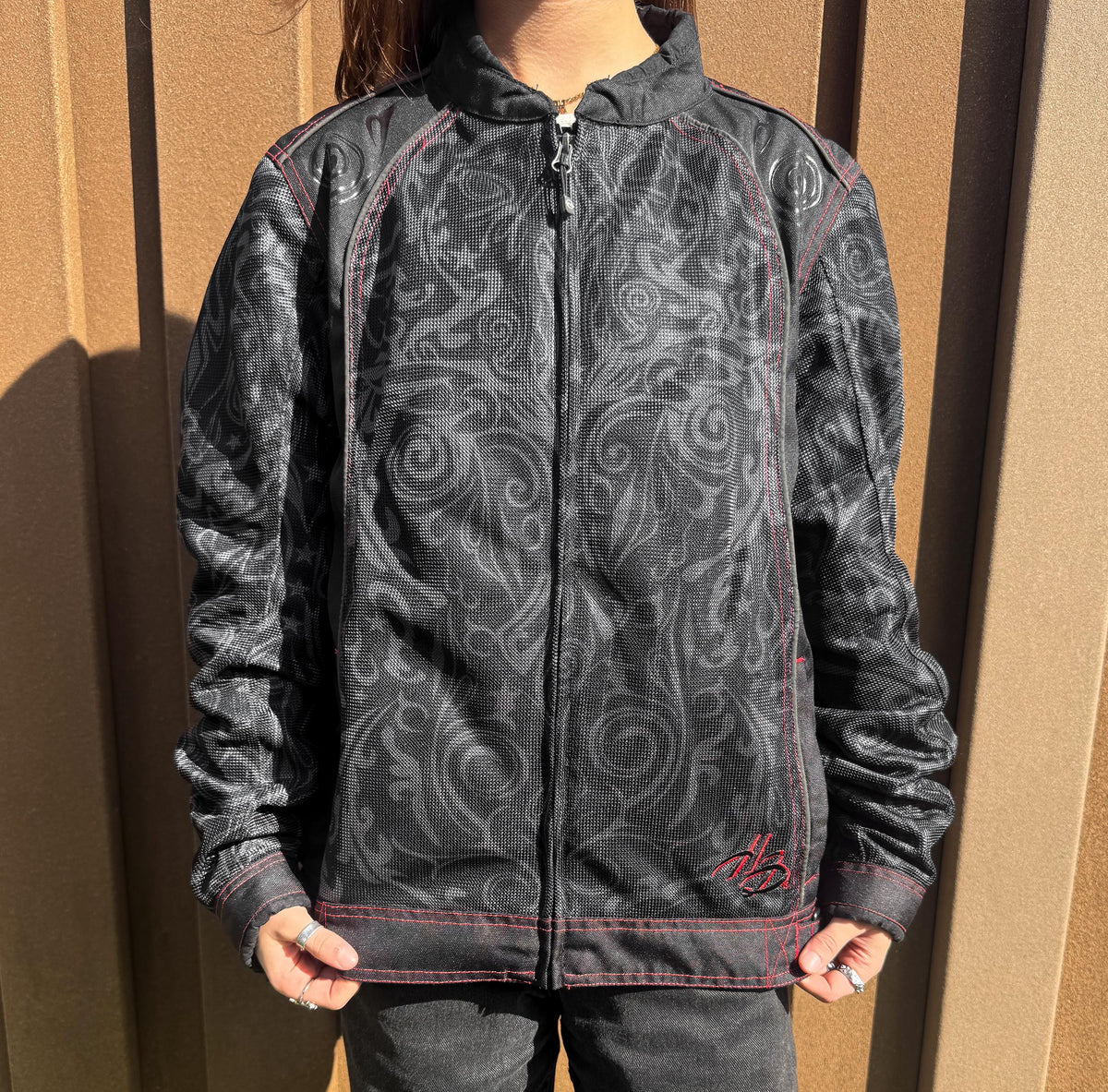 Y2K Harley Davidson "Primitive" Black Gray Red Mesh Jacket, Approx. Women's Sz. M