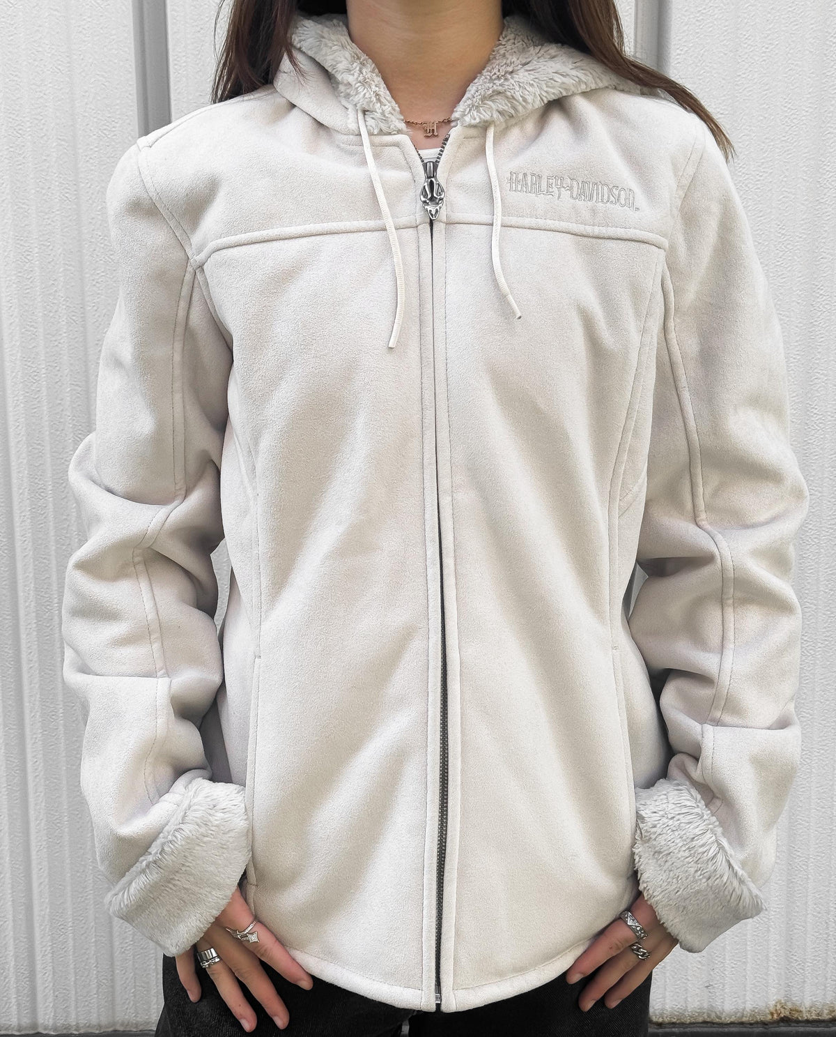 Y2K Harley Davidson Cream Beige Faux Suede Faux Sherpa Lined Hooded Jacket, Women's Sz. M/L