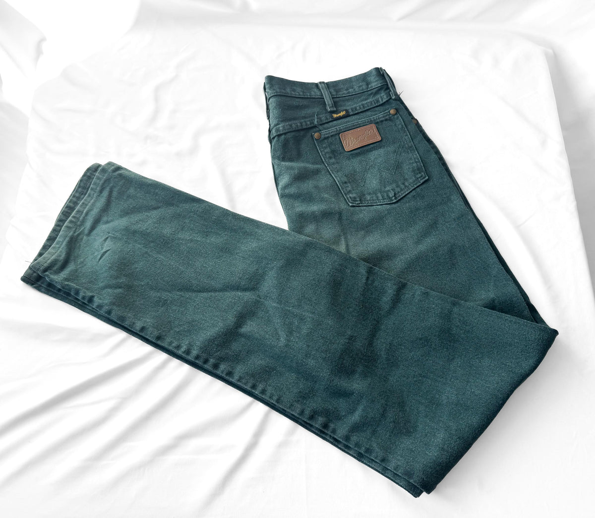 Vintage Wrangler Forest Green Teal Washed Faded Straight Leg Western Jeans, Men's Sz. 36" x 38"