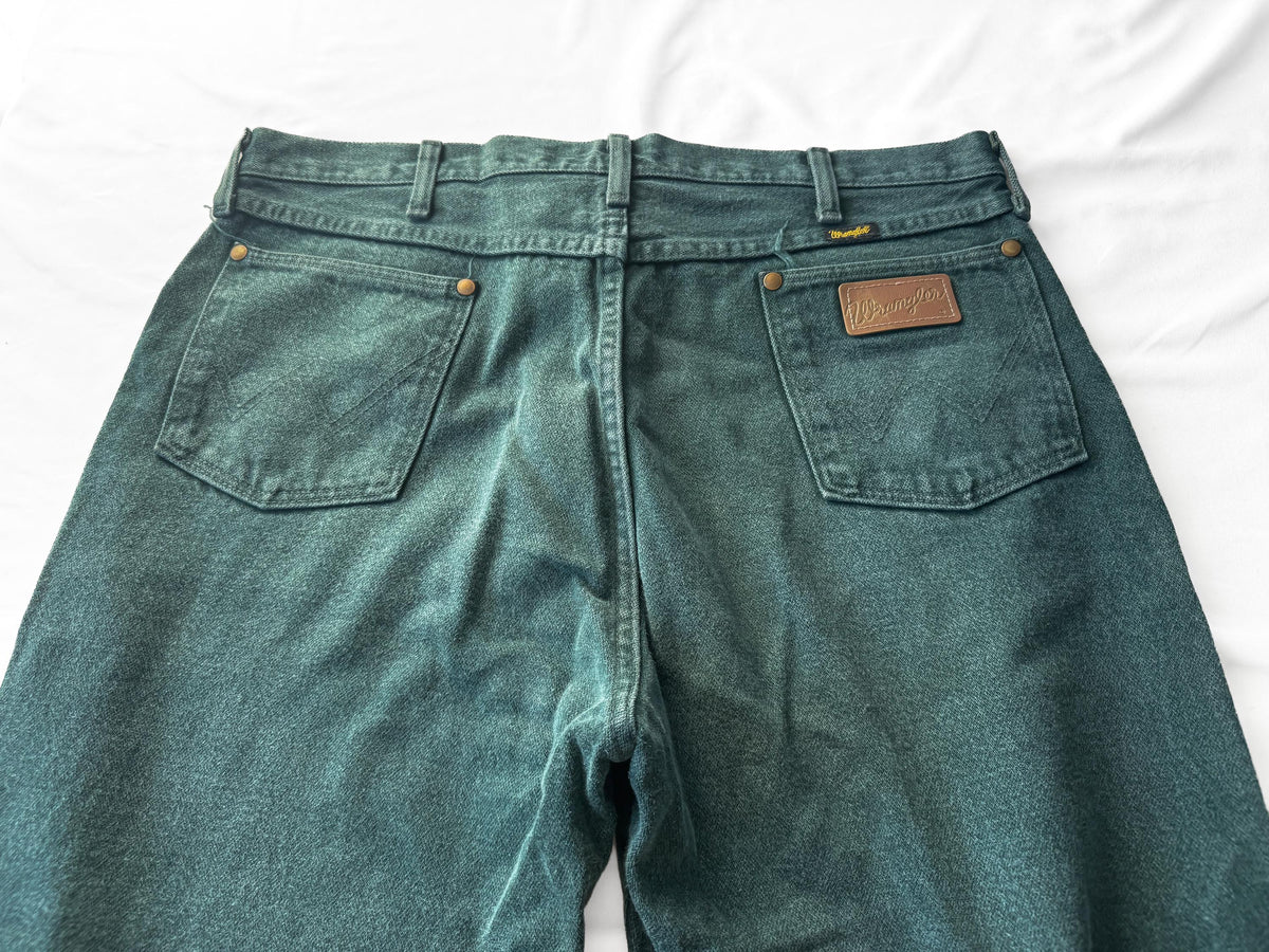 Vintage Wrangler Forest Green Teal Washed Faded Straight Leg Western Jeans, Men's Sz. 36" x 38"