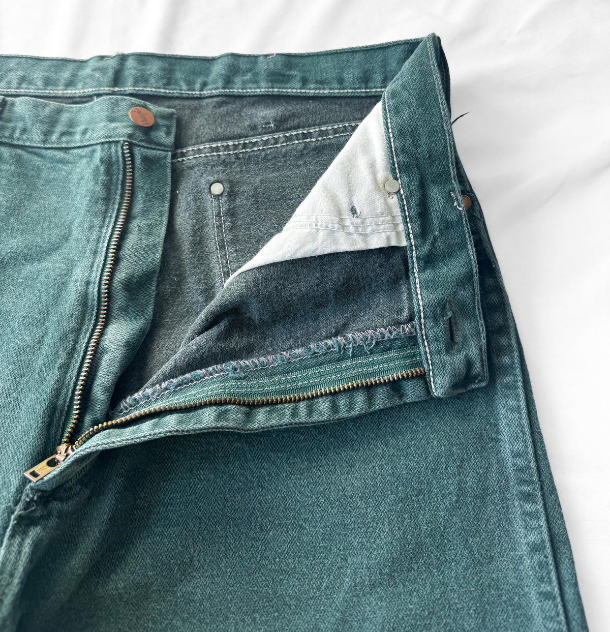 Vintage Wrangler Forest Green Teal Washed Faded Straight Leg Western Jeans, Men's Sz. 36" x 38"