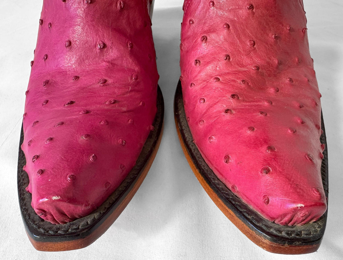 Vintage Style Back at the Ranch Magenta Hot Pink Full Ostrich Quill Leather Ankle Cowboy Boots, Women's Sz. 7C