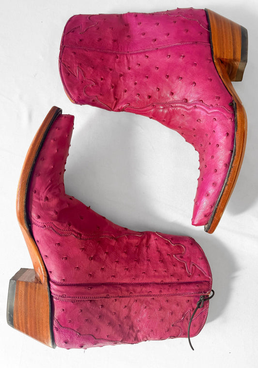 Vintage Style Back at the Ranch Magenta Hot Pink Full Ostrich Quill Leather Ankle Cowboy Boots, Women's Sz. 7C