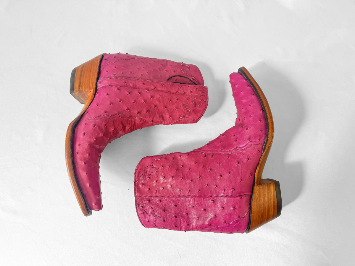 Vintage Style Back at the Ranch Magenta Hot Pink Full Ostrich Quill Leather Ankle Cowboy Boots, Women's Sz. 7C