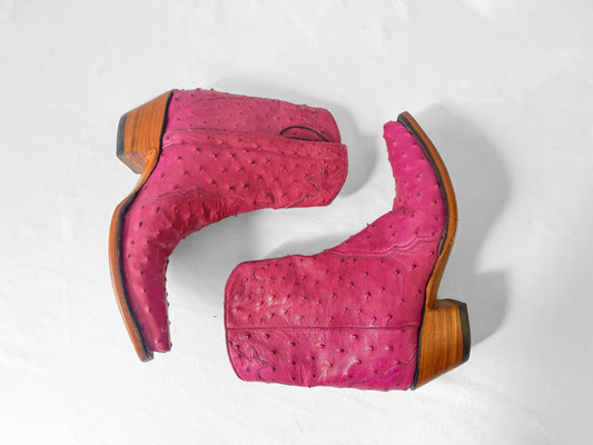 Vintage Style Back at the Ranch Magenta Hot Pink Full Ostrich Quill Leather Ankle Cowboy Boots, Women's Sz. 7C