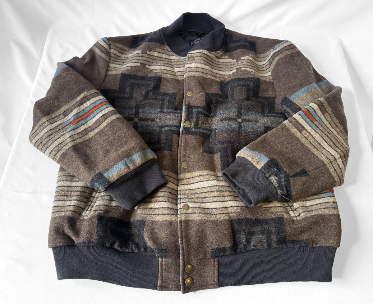 Vintage Style Pendleton Brown Gray/Blue Aztec Southwest Print Wool Western Bomber Jacket, Men's Sz. XXL
