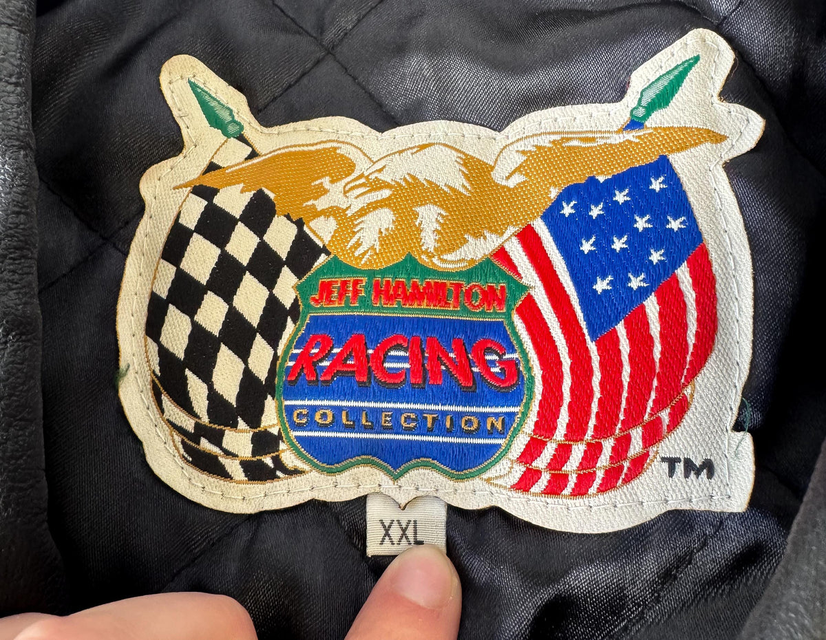 Vintage 1998 Jeff Hamilton NASCAR 50th Anniversary Black Leather Bomber Jacket, Men's Sz. XXL