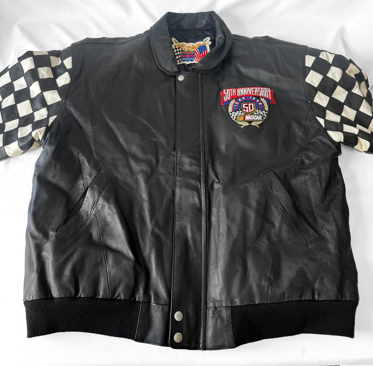 Vintage 1998 Jeff Hamilton NASCAR 50th Anniversary Black Leather Bomber Jacket, Men's Sz. XXL