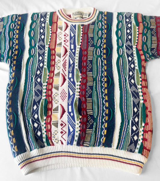 Vintage 90s Cotton Traders Rainbow Multicolor 3D Textured Carpet Coogi Style Sweater, Men's Sz. M