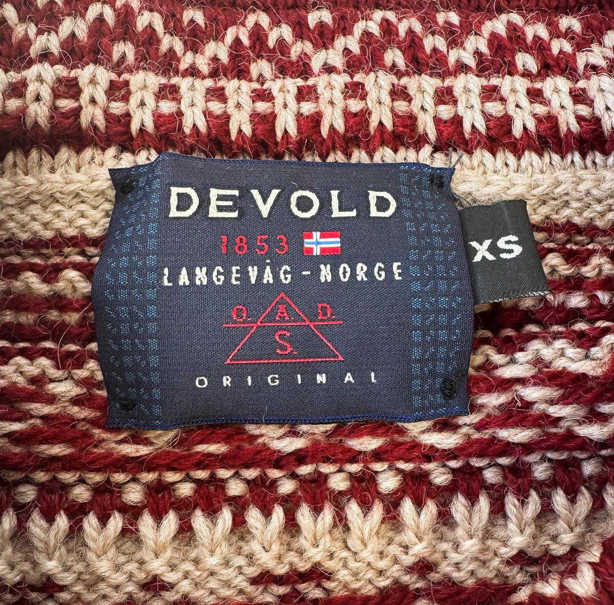 Vintage Devold Pure Wool Red Beige Fair Isle Print Metal Clasp Nordic Unisex Cardigan Sweater, Men's Sz. XS