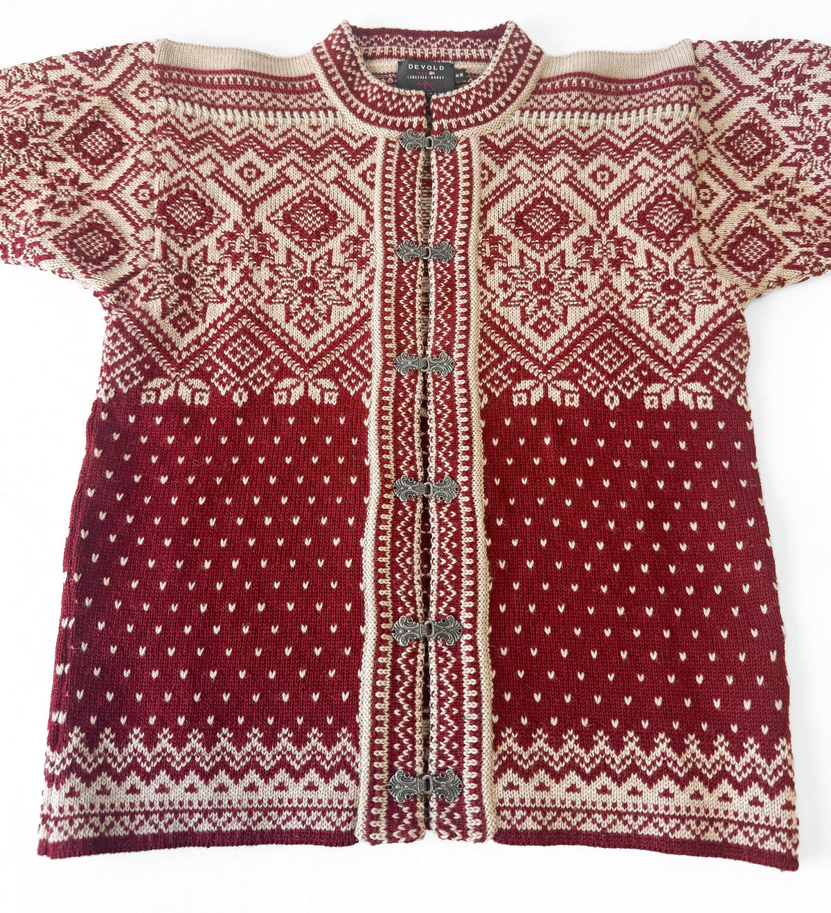 Vintage Devold Pure Wool Red Beige Fair Isle Print Metal Clasp Nordic Unisex Cardigan Sweater, Men's Sz. XS