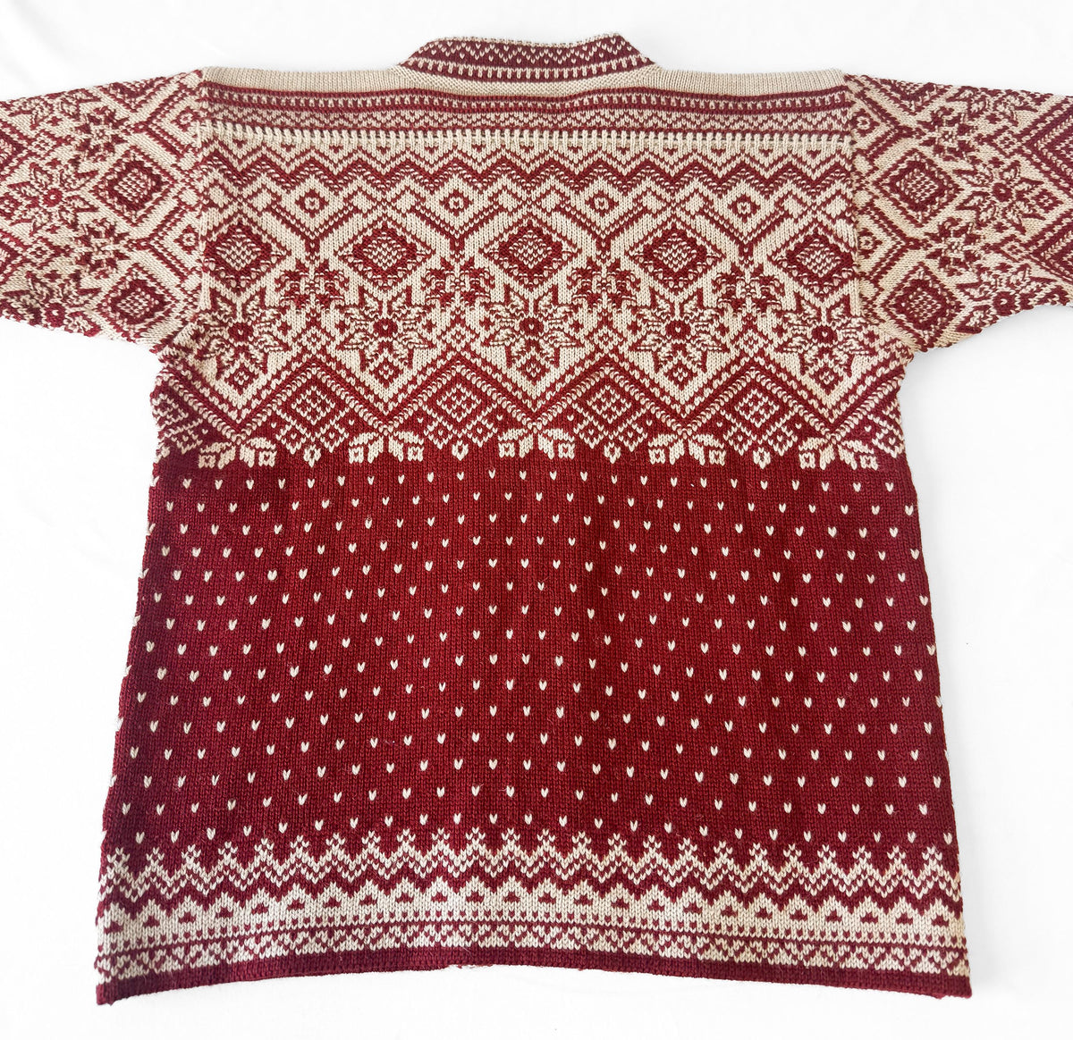 Vintage Devold Pure Wool Red Beige Fair Isle Print Metal Clasp Nordic Unisex Cardigan Sweater, Men's Sz. XS