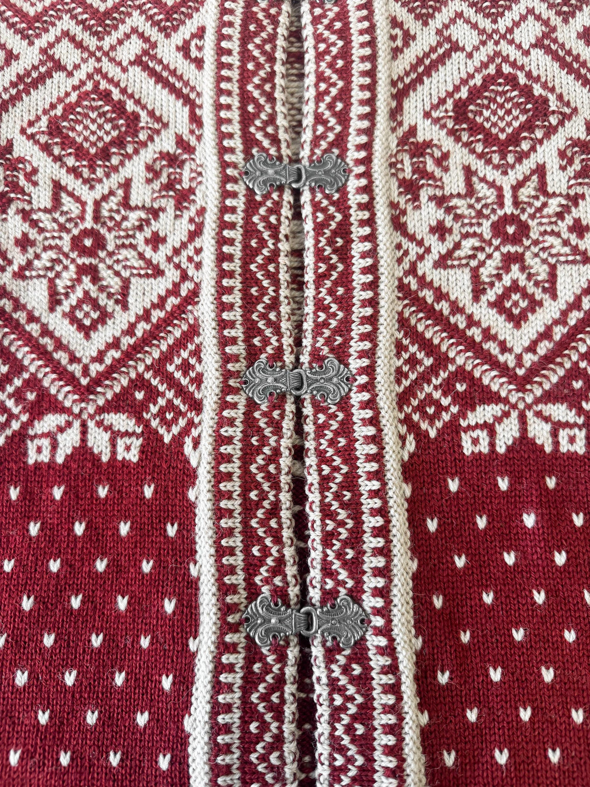 Vintage Devold Pure Wool Red Beige Fair Isle Print Metal Clasp Nordic Unisex Cardigan Sweater, Men's Sz. XS