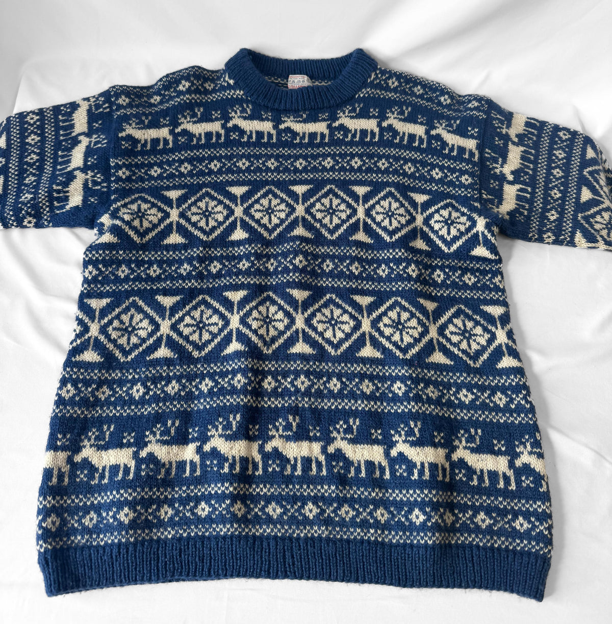 Vintage O. Allers Handknit Pure Wool Cream Blue Reindeer Fair Isle Geometric Nordic Unisex Crewneck Sweater, Approx. Men's Sz. L