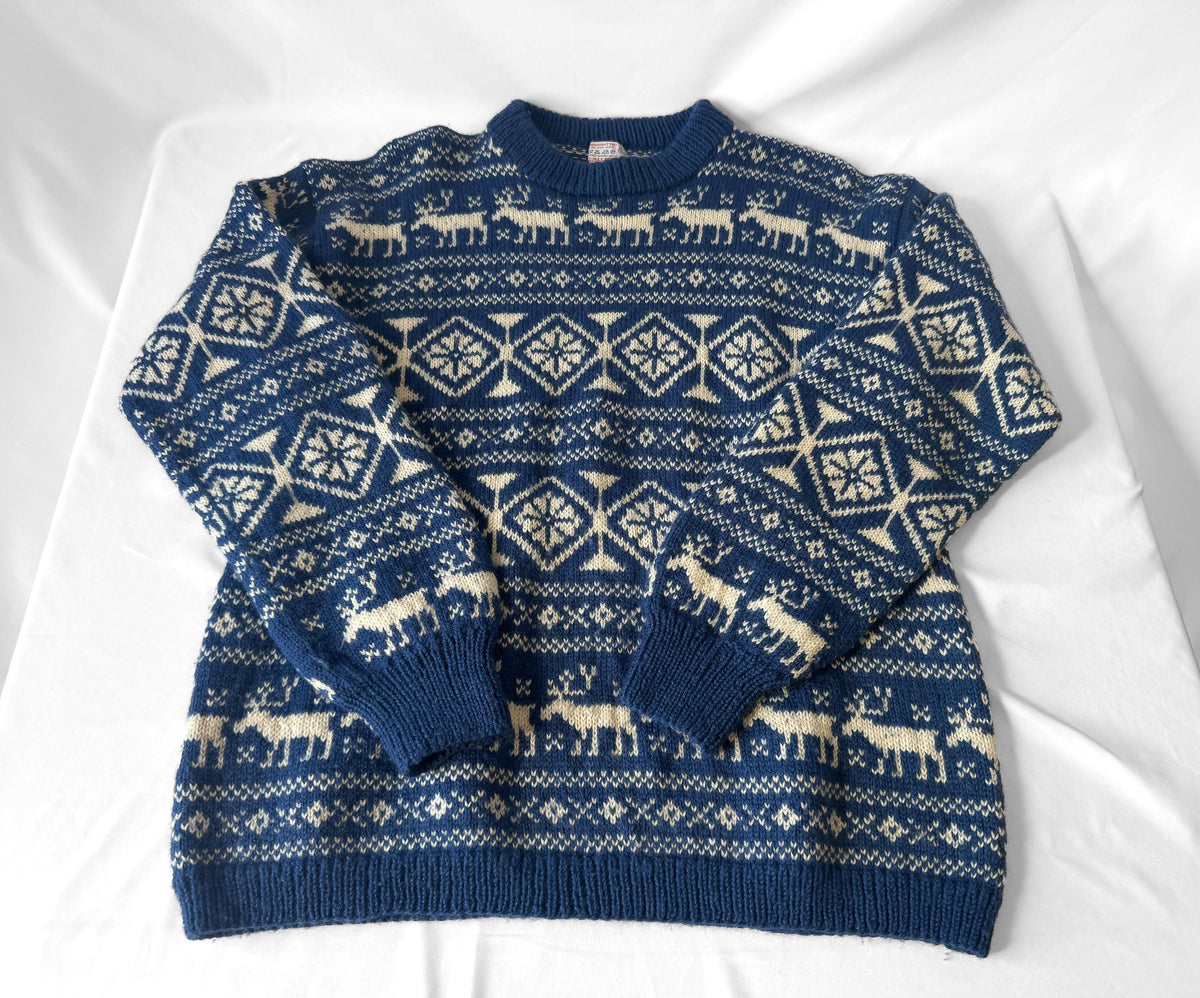 Vintage O. Allers Handknit Pure Wool Cream Blue Reindeer Fair Isle Geometric Nordic Unisex Crewneck Sweater, Approx. Men's Sz. L