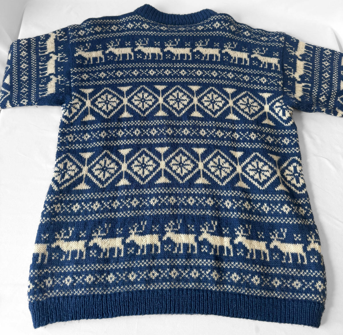 Vintage O. Allers Handknit Pure Wool Cream Blue Reindeer Fair Isle Geometric Nordic Unisex Crewneck Sweater, Approx. Men's Sz. L
