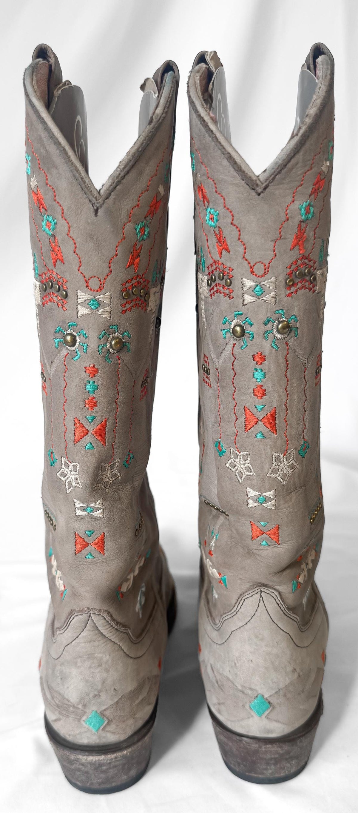 Unique Miss Macie Hopi Suede Taupe Hieroglyph Embroidered Native Style Western Cowboy Boots, Women's Sz. 7.5M