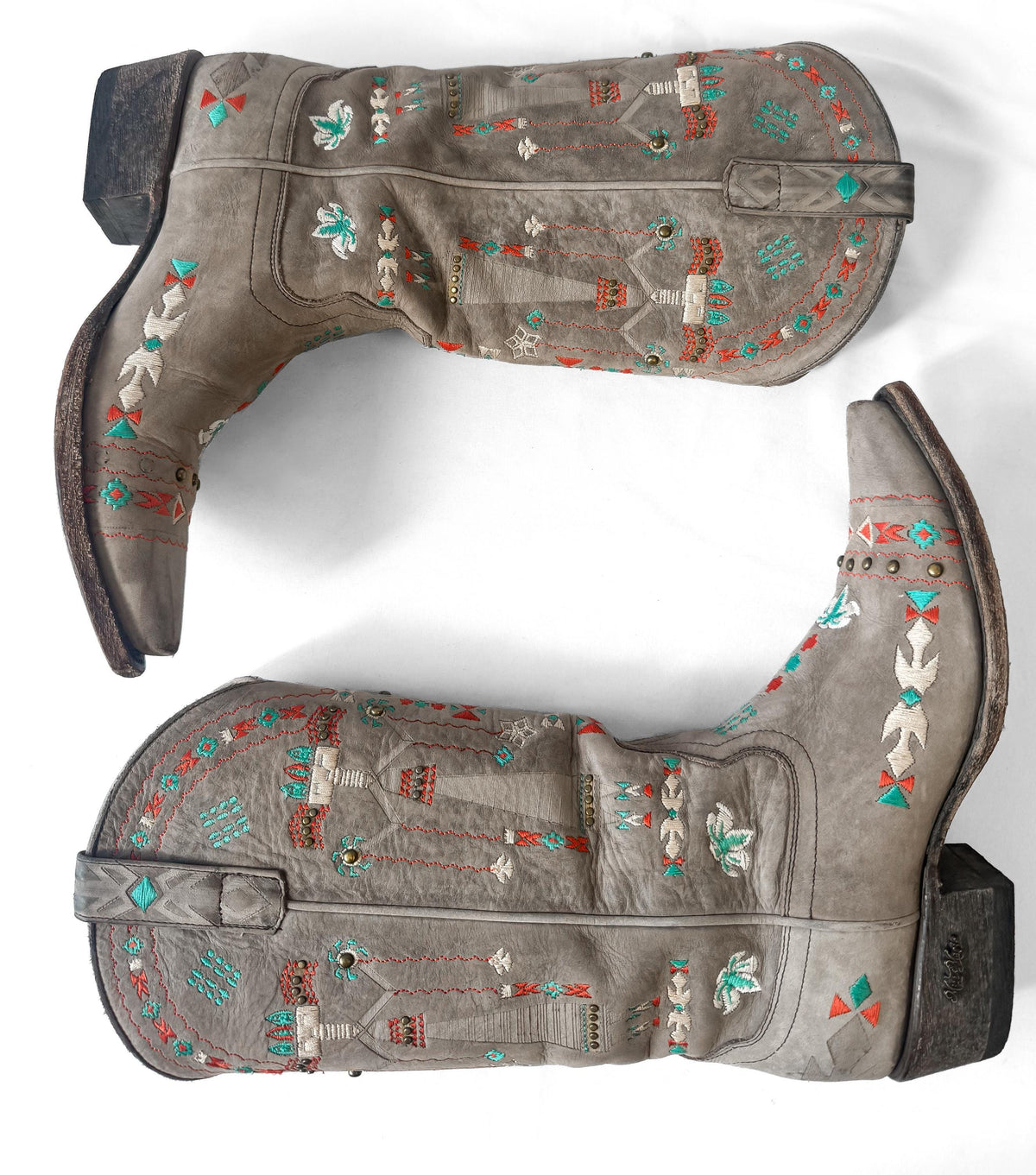 Unique Miss Macie Hopi Suede Taupe Hieroglyph Embroidered Native Style Western Cowboy Boots, Women's Sz. 7.5M