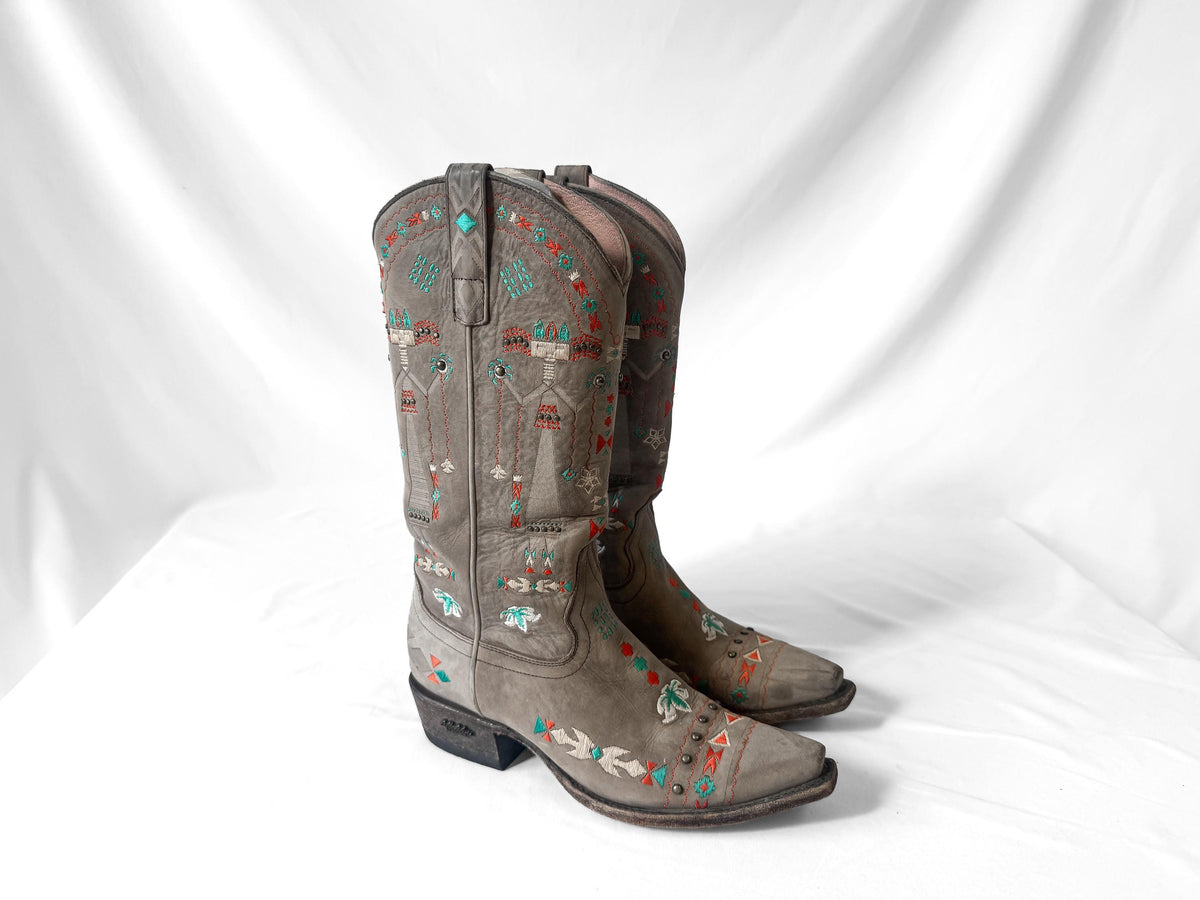 Unique Miss Macie Hopi Suede Taupe Hieroglyph Embroidered Native Style Western Cowboy Boots, Women's Sz. 7.5M