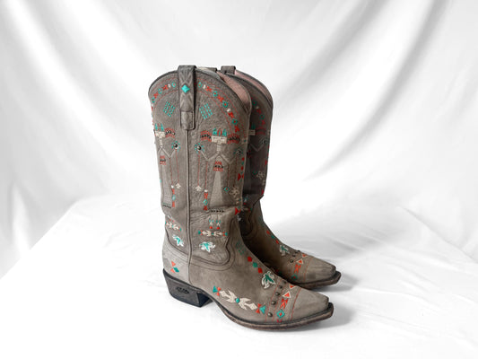 Unique Miss Macie Hopi Suede Taupe Hieroglyph Embroidered Native Style Western Cowboy Boots, Women's Sz. 7.5M