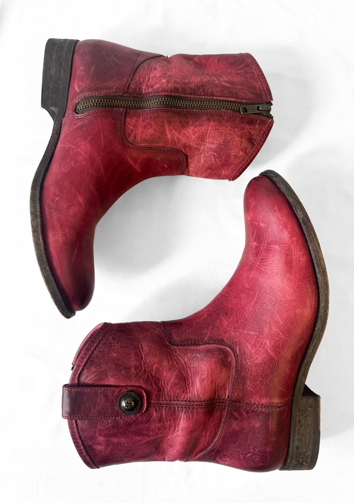 Frye Melissa Button Short Red Leather Western Ankle Boots, Women's Sz. 8.5B