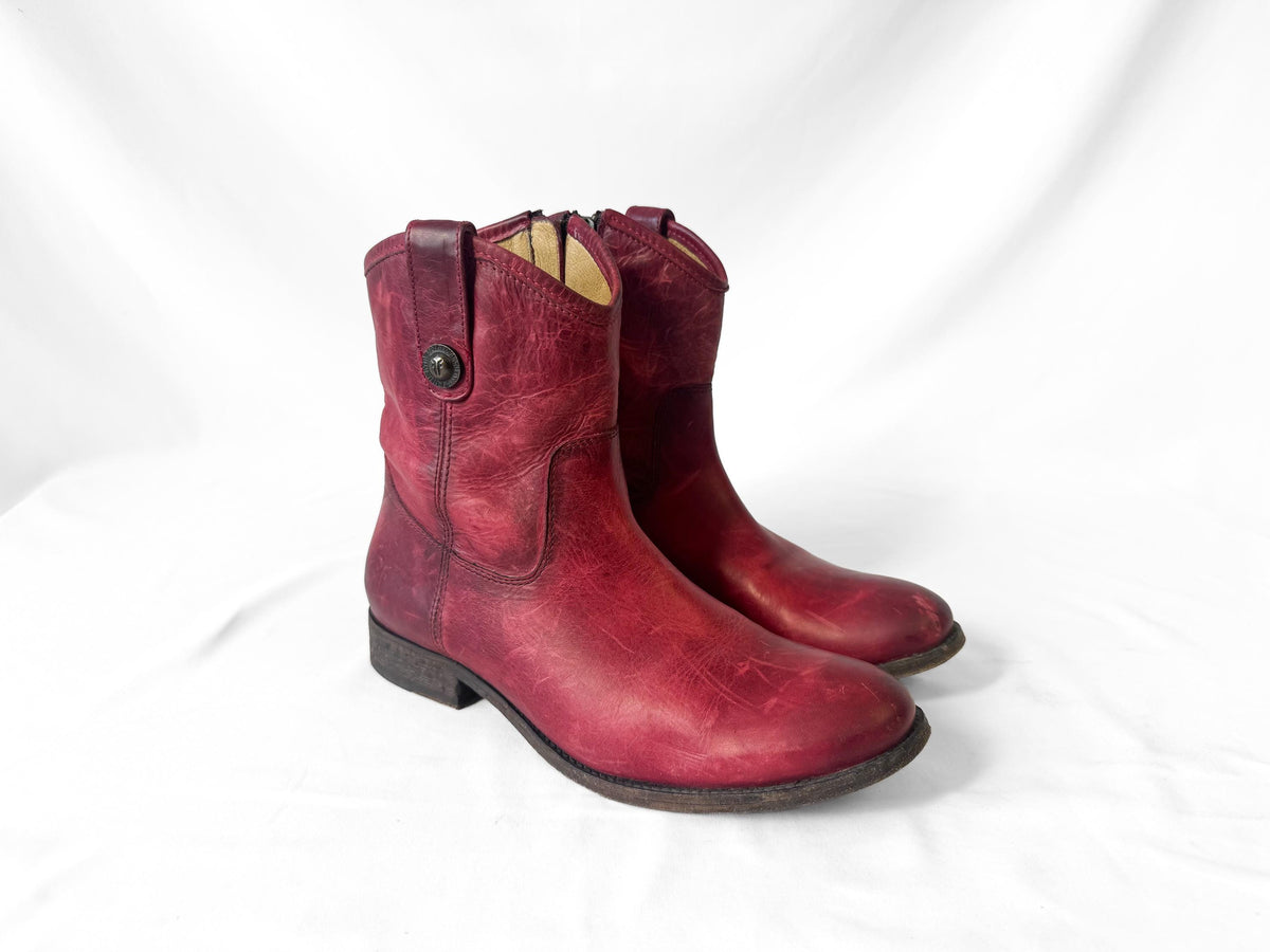 Frye Melissa Button Short Red Leather Western Ankle Boots, Women's Sz. 8.5B