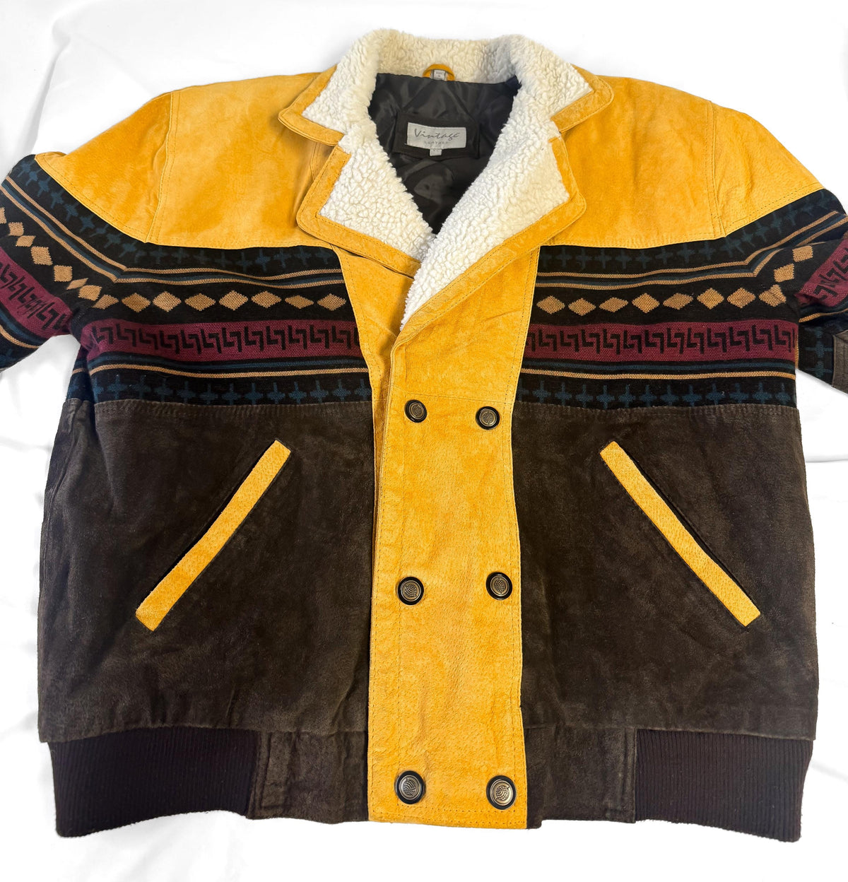 Vintage Leather Brown Suede Leather Faux Sherpa Aztec Pattern Western Unisex Bomber Jacket, Men's Sz. XL