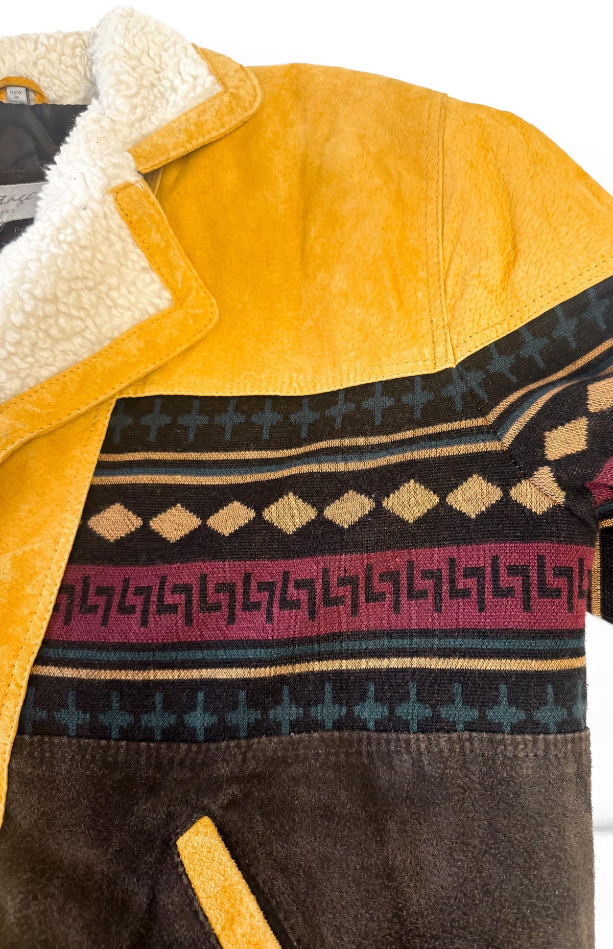Vintage Leather Brown Suede Leather Faux Sherpa Aztec Pattern Western Unisex Bomber Jacket, Men's Sz. XL