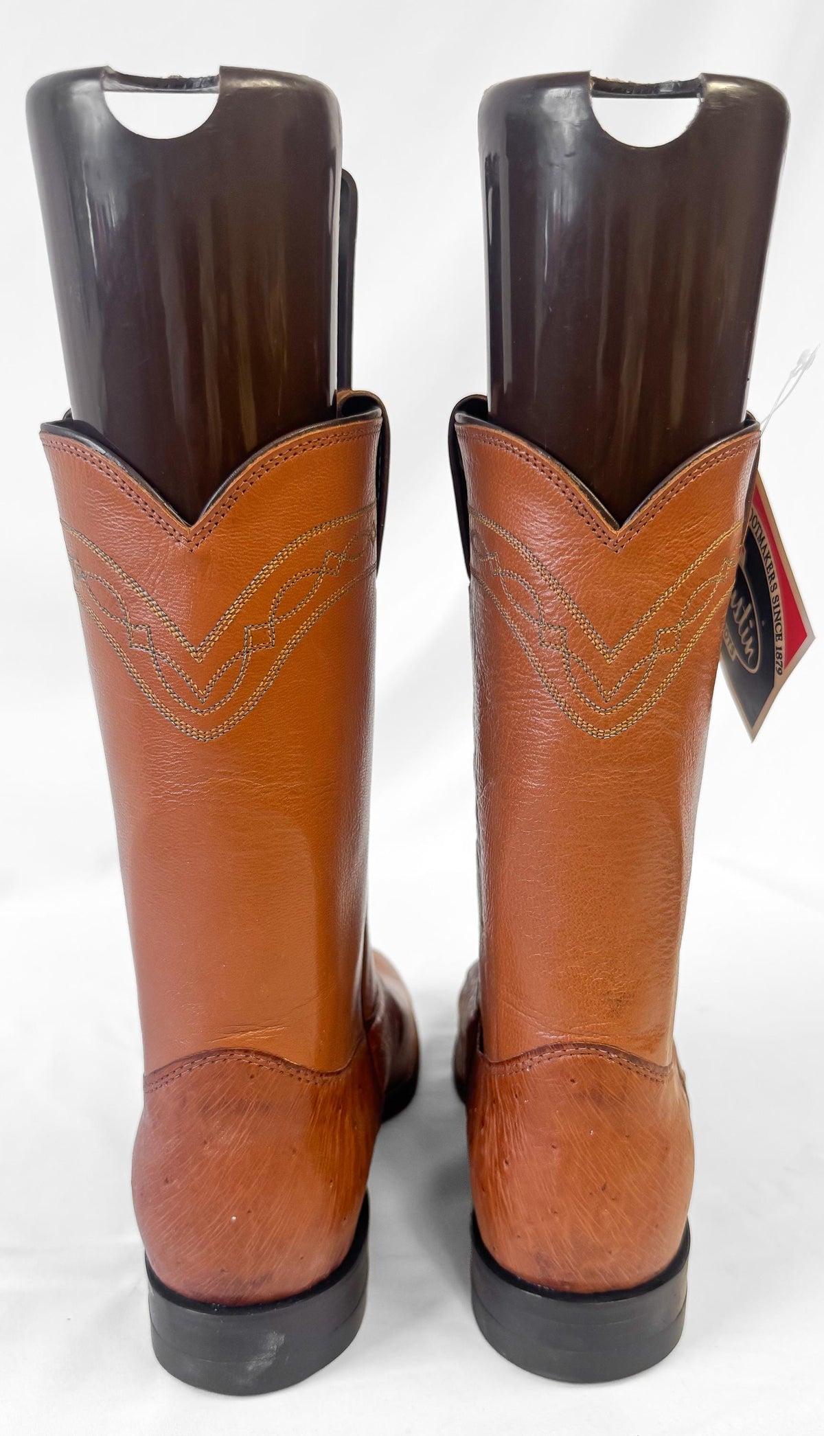 Deadstock Vintage Justin Smooth Ostrich Roper Brown Leather Western Cowboy Boots, Men's Sz. 10D