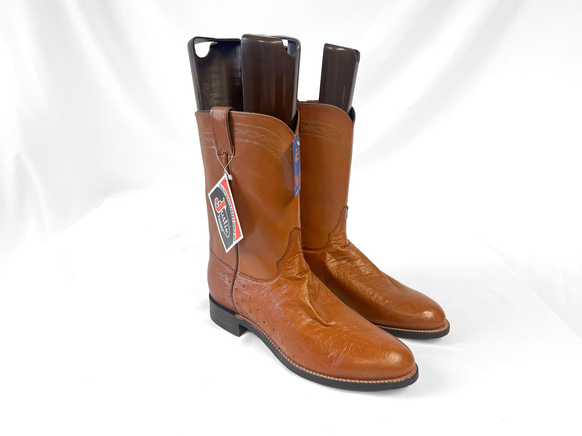 Deadstock Vintage Justin Smooth Ostrich Roper Brown Leather Western Cowboy Boots, Men's Sz. 10D