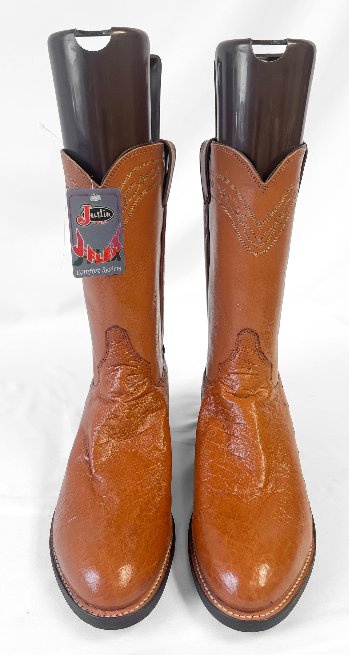 Deadstock Vintage Justin Smooth Ostrich Roper Brown Leather Western Cowboy Boots, Men's Sz. 10D
