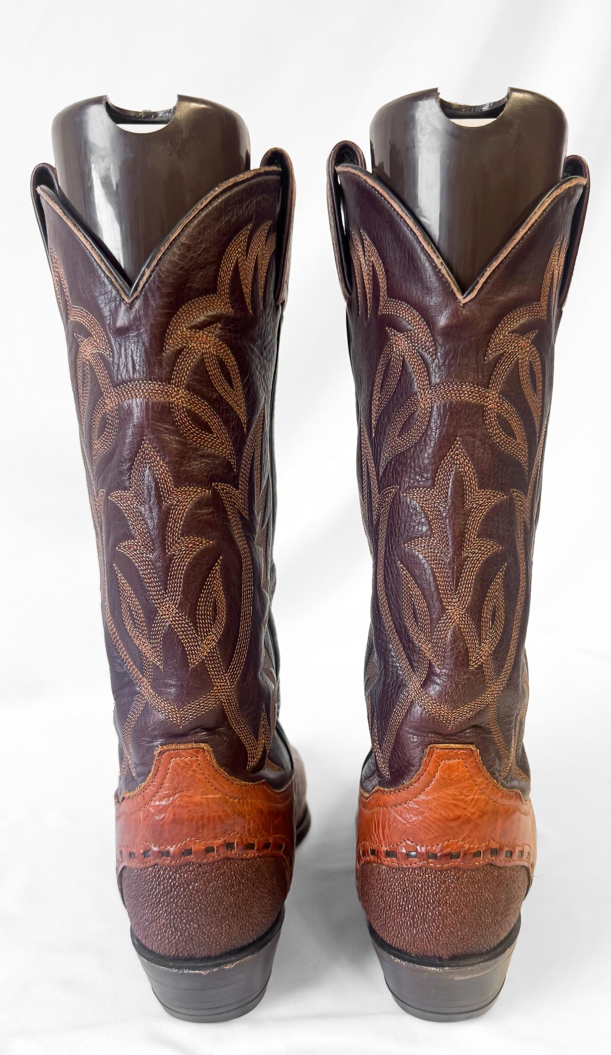 Vintage Tony Lama Two Tone Brown Lizard Wingtip Whipstitch Leather Western Cowboy Boots, Men's Sz. 9.5D, Style 6870