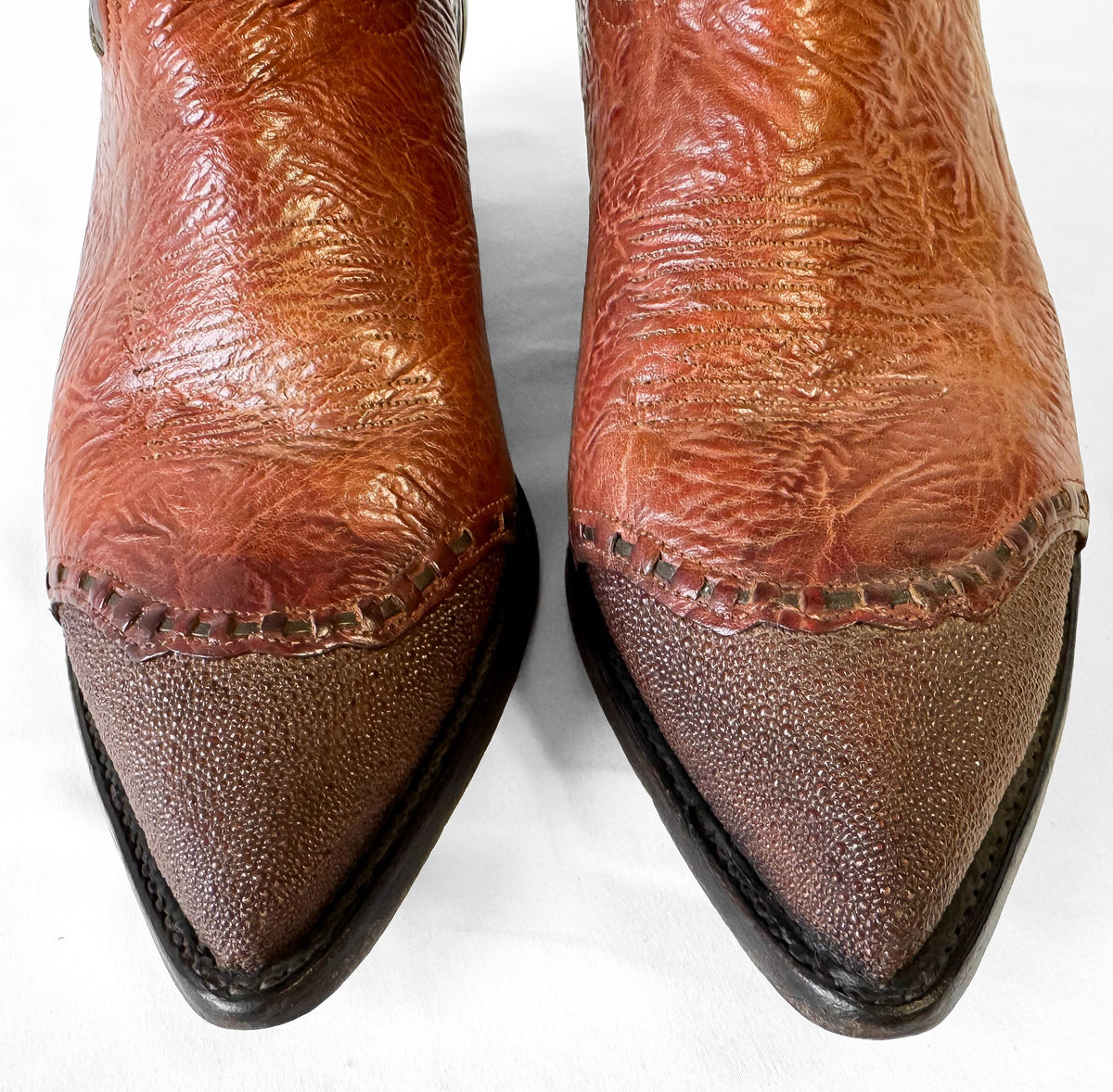 Vintage Tony Lama Two Tone Brown Lizard Wingtip Whipstitch Leather Western Cowboy Boots, Men's Sz. 9.5D, Style 6870