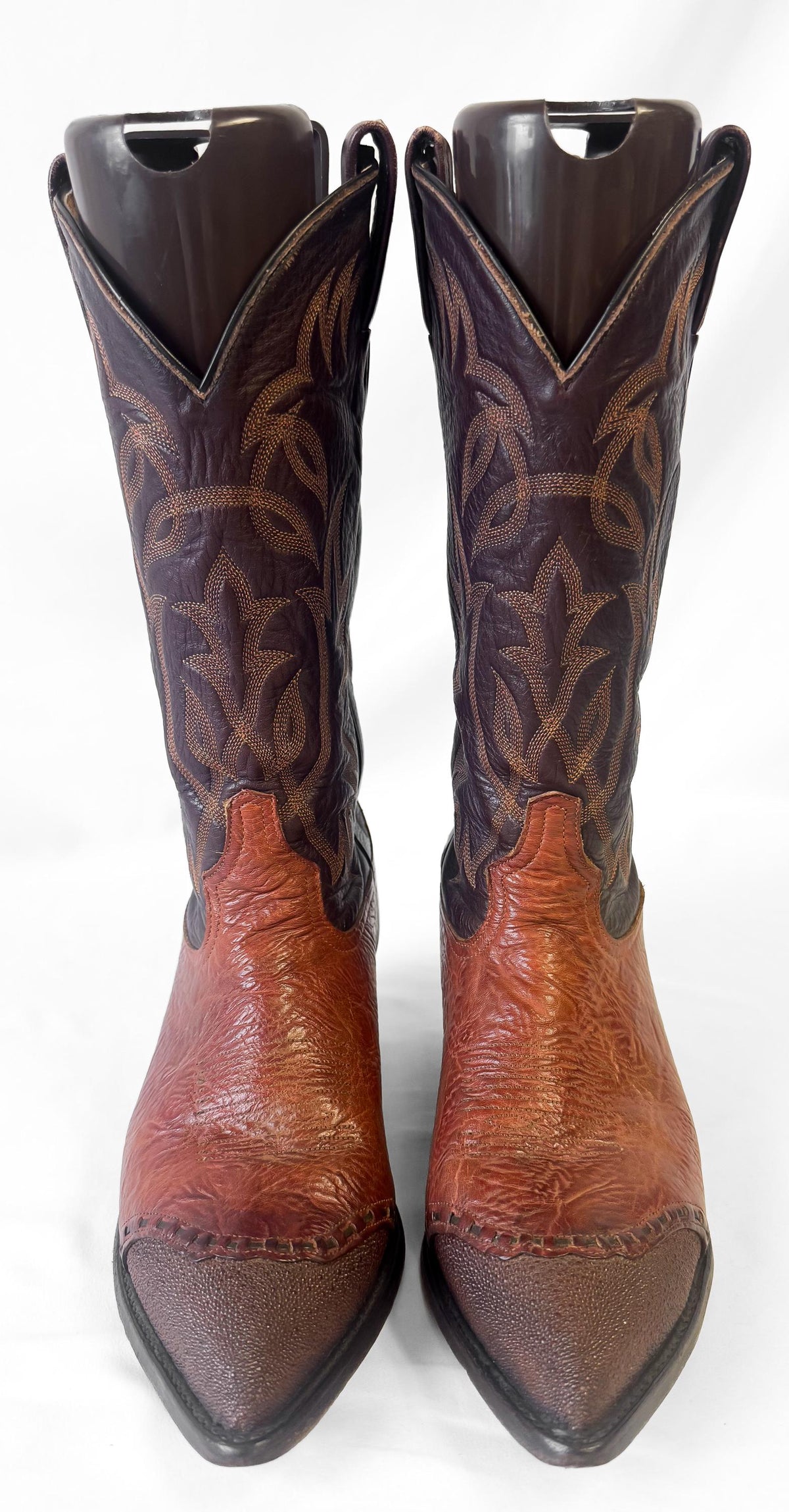 Vintage Tony Lama Two Tone Brown Lizard Wingtip Whipstitch Leather Western Cowboy Boots, Men's Sz. 9.5D, Style 6870