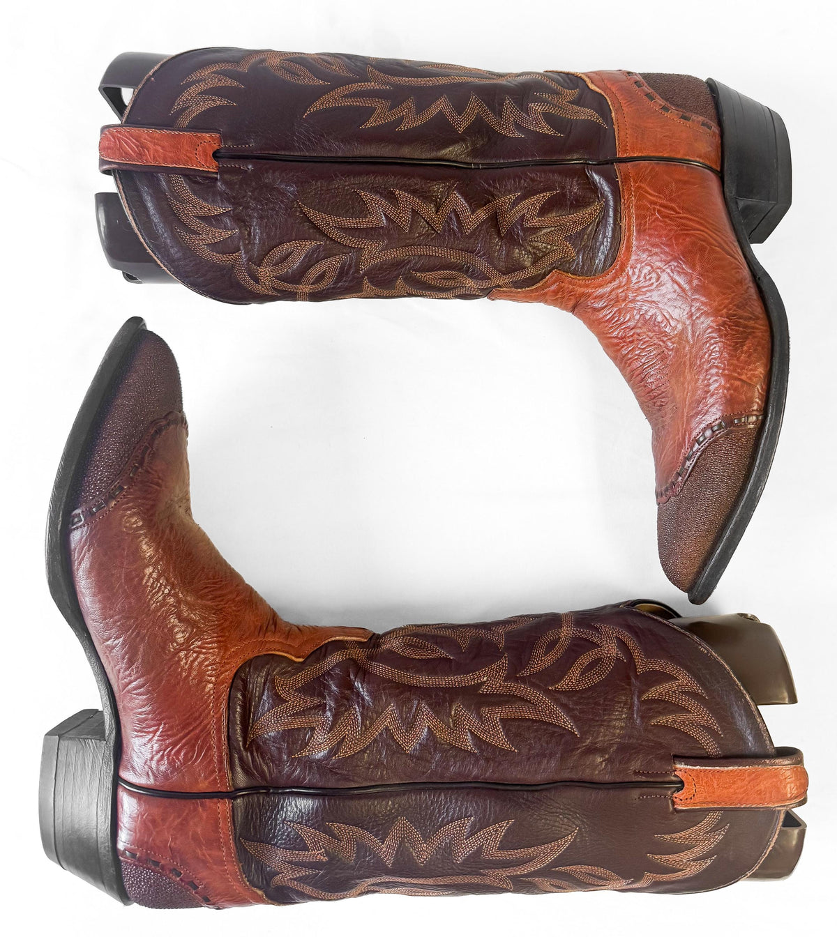 Vintage Tony Lama Two Tone Brown Lizard Wingtip Whipstitch Leather Western Cowboy Boots, Men's Sz. 9.5D, Style 6870