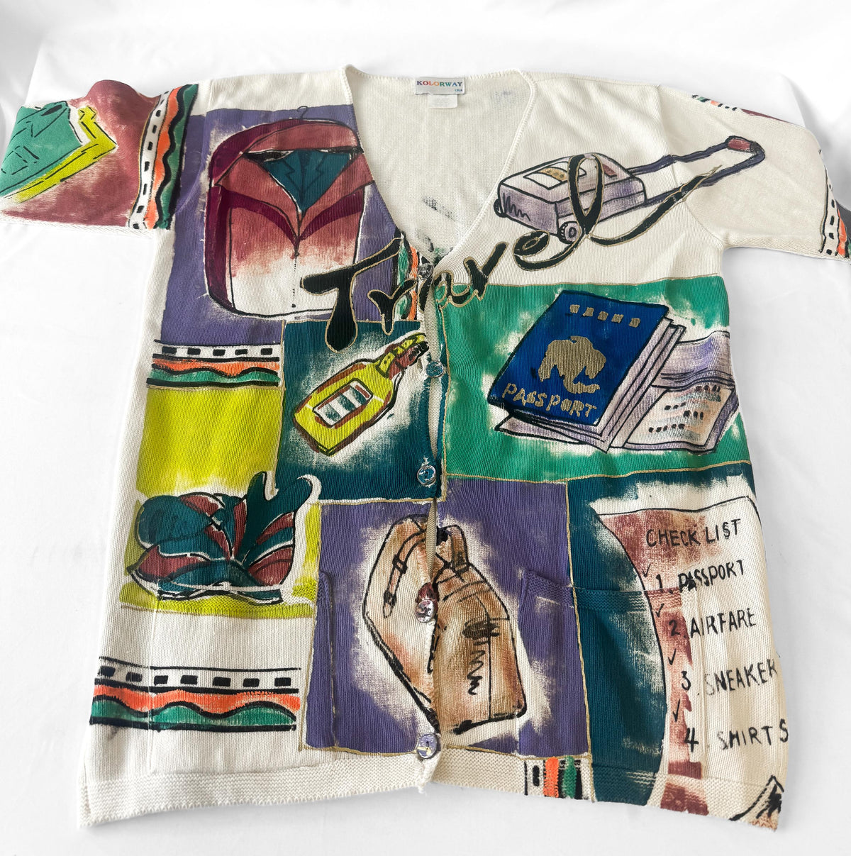 90s Kolorway Travel Luggage Motif Cotton Cardigan Sweater, Approx. Women's Sz. L, Wearable Art Whimsy Maximalist Sweater