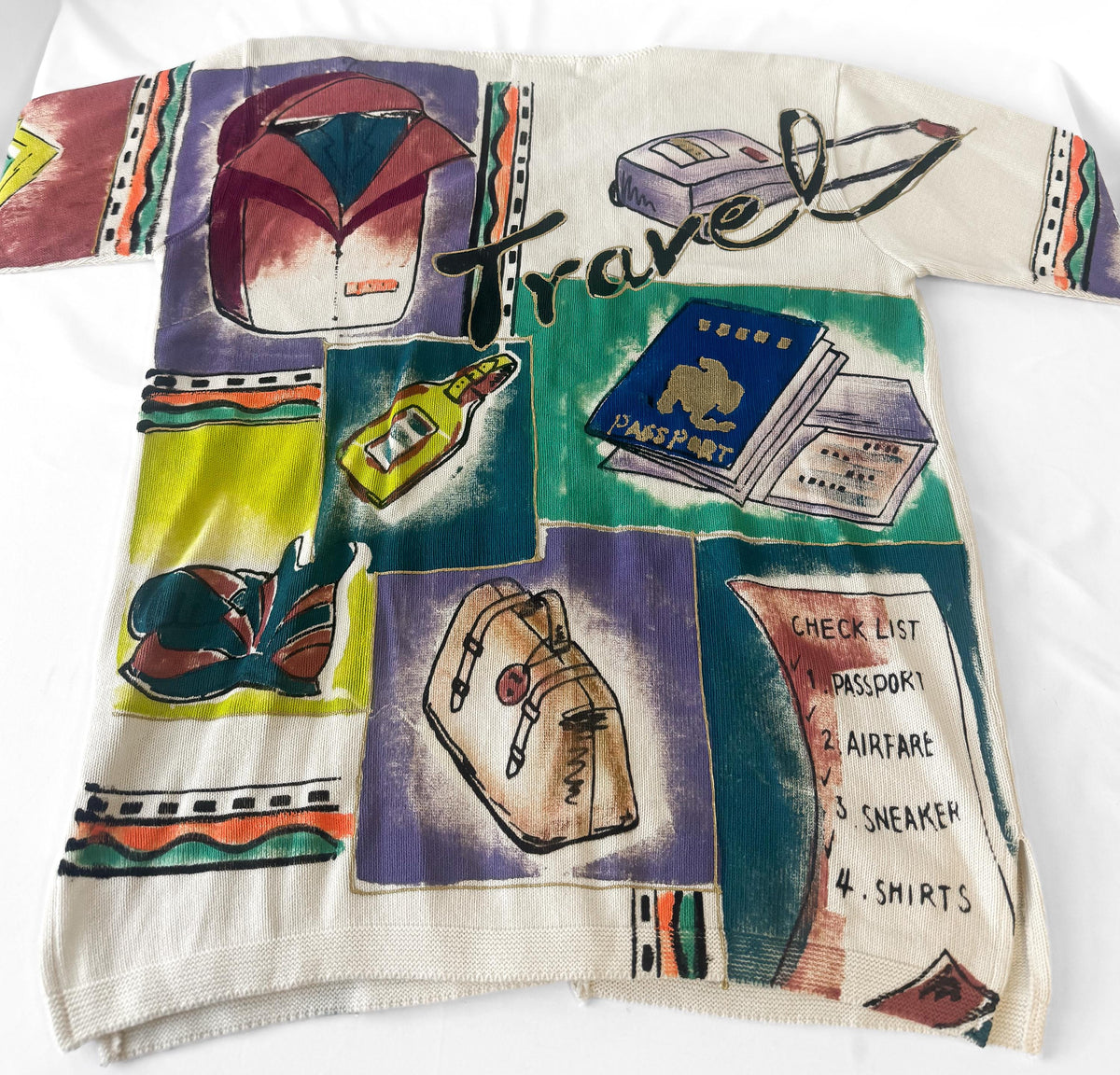 90s Kolorway Travel Luggage Motif Cotton Cardigan Sweater, Approx. Women's Sz. L, Wearable Art Whimsy Maximalist Sweater