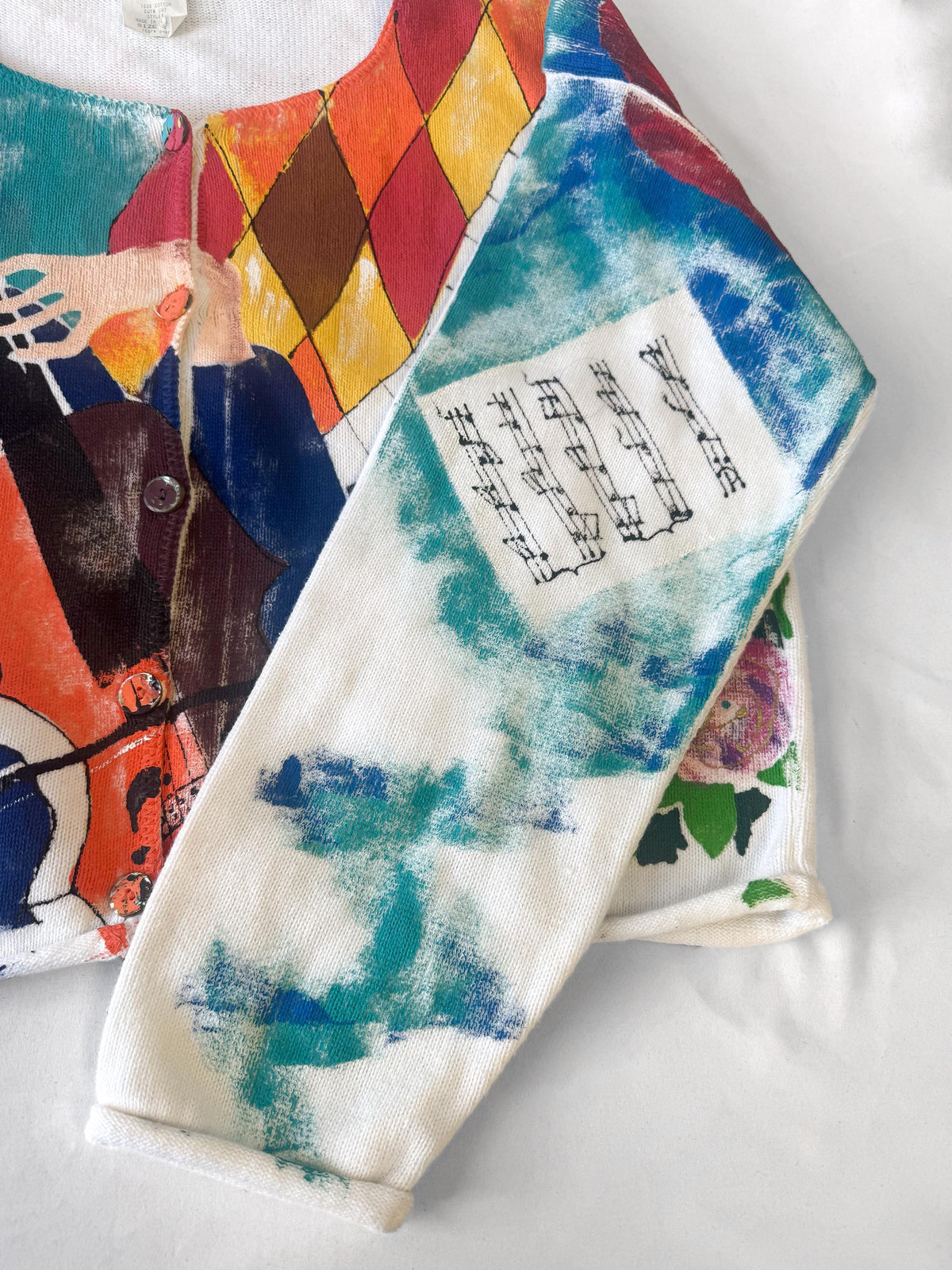 90s Kolorway Cello Orchestra Piano Music Motif Floral Cotton Hand Painted Cardigan Sweater Approx Women's Sz. L Maximalist Wearable Art