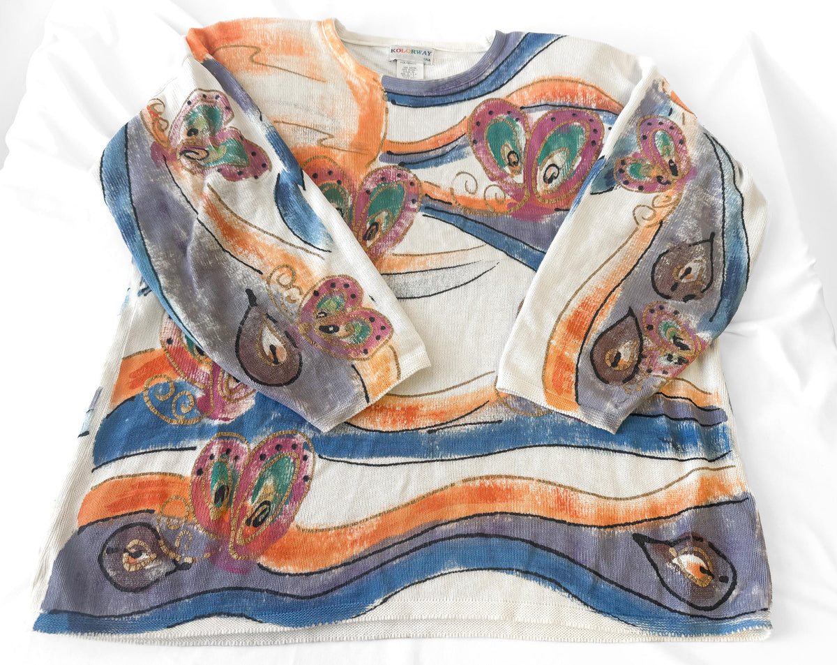 90s Kolorway Hand Painted Blue Orange Abstract Swirl Print Cotton Sweater, Approx. Women's Sz. L, Wearable Art Maximalist Sweater