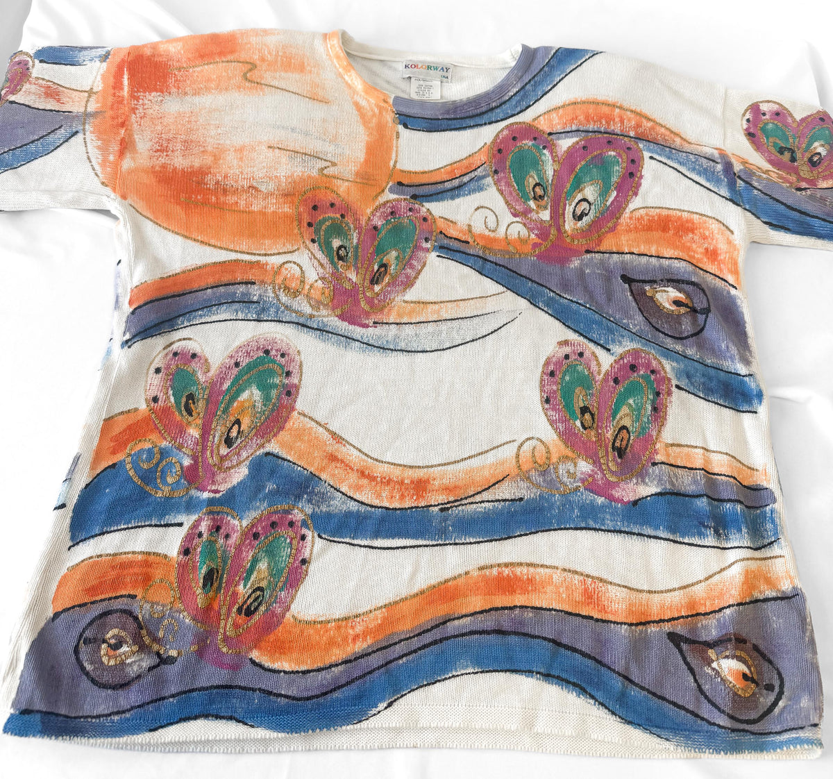 90s Kolorway Hand Painted Blue Orange Abstract Swirl Print Cotton Sweater, Approx. Women's Sz. L, Wearable Art Maximalist Sweater