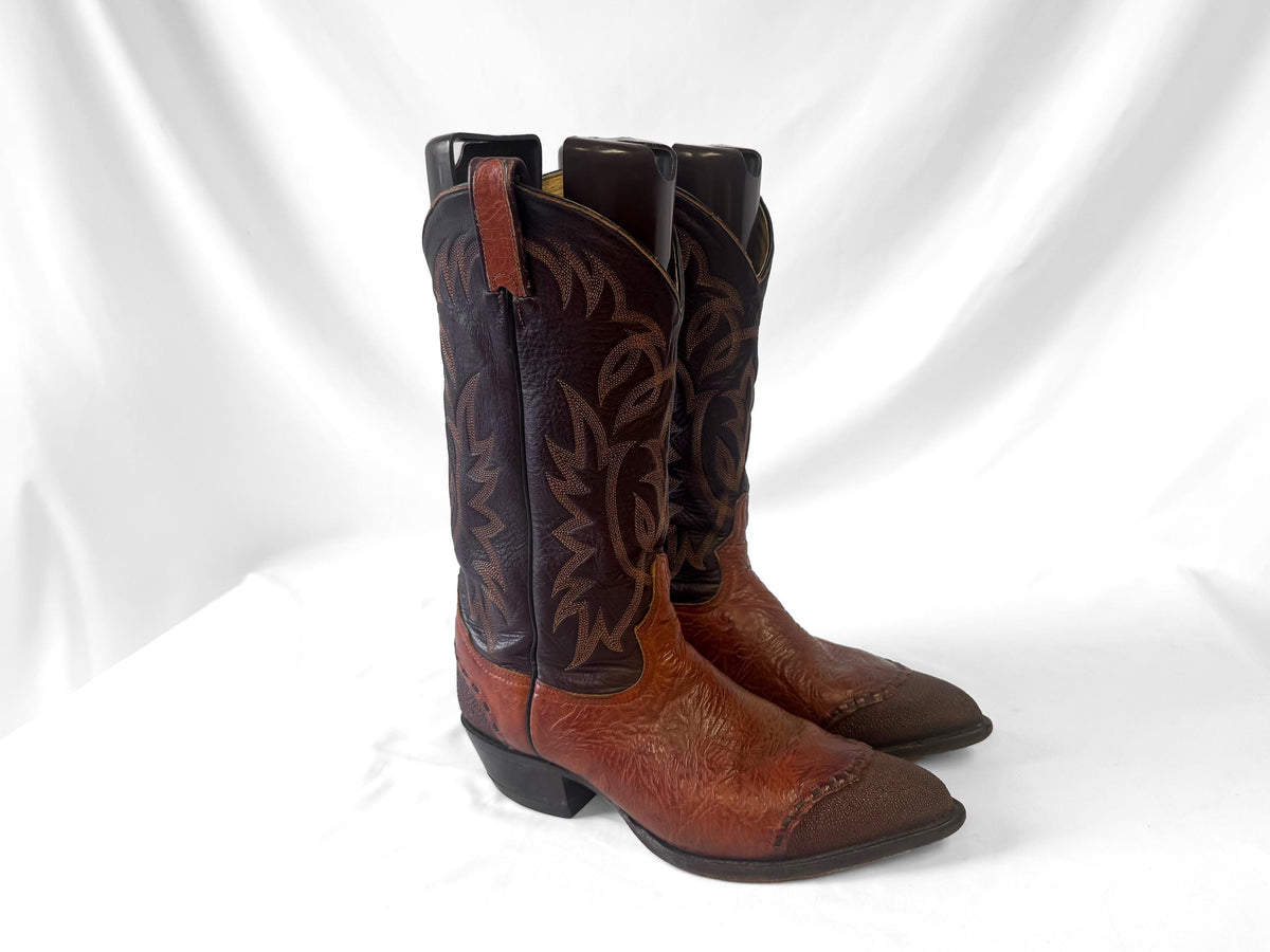 Vintage Tony Lama Two Tone Brown Lizard Wingtip Whipstitch Leather Western Cowboy Boots, Men's Sz. 9.5D, Style 6870