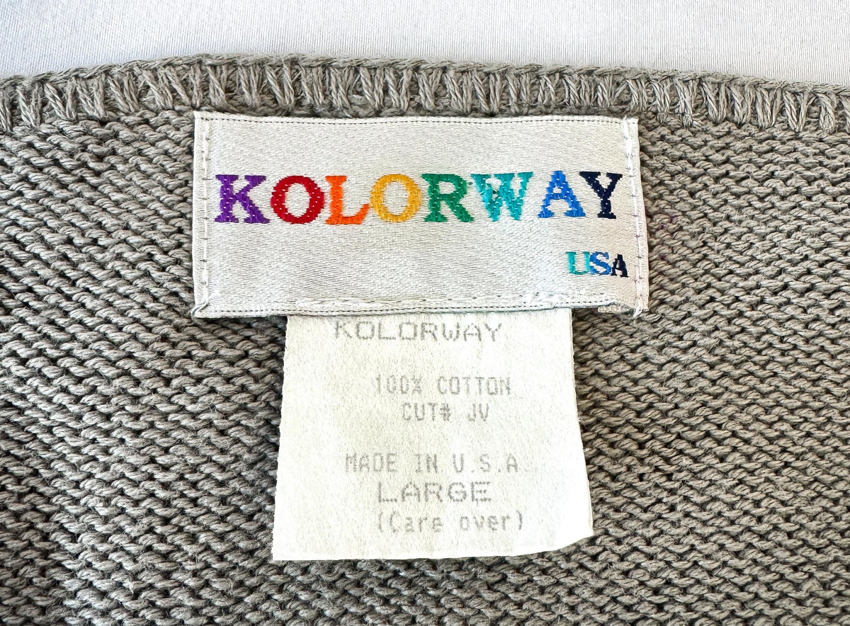 90s Kolorway Wine Grape Motif Cotton Hand Painted Cardigan, Women's Sz. L, Eclectic Maximalist Wearable Art Sweater